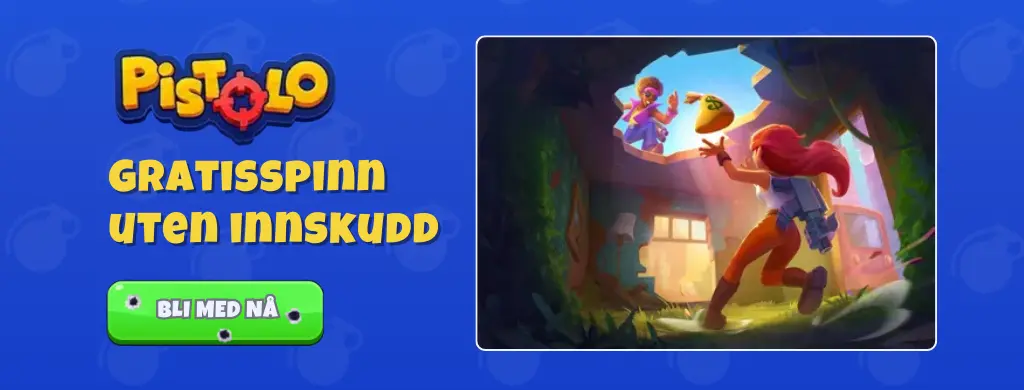 Pistolo logo med 'Gratispinn uten innskudd' og knapp